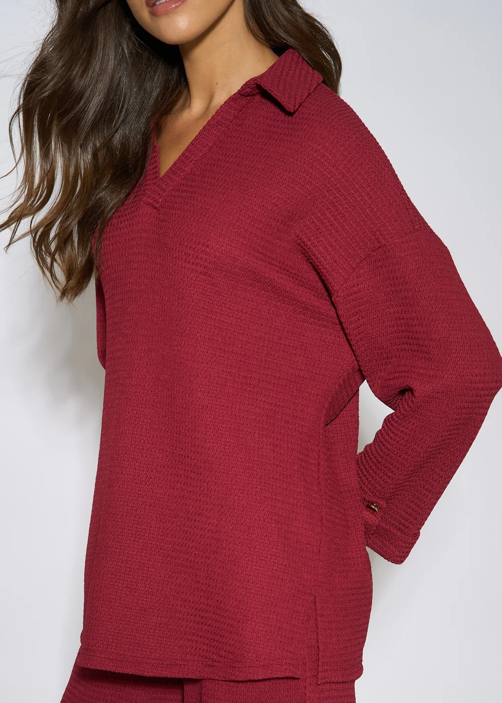 Gini London Mulberry Textured V Neck Roll Up Sleeves Top - 12 Image 3