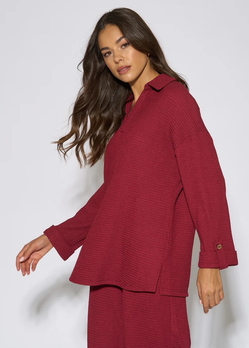 Gini London Mulberry Textured V Neck Roll Up Sleeves Top - 12 Image 4