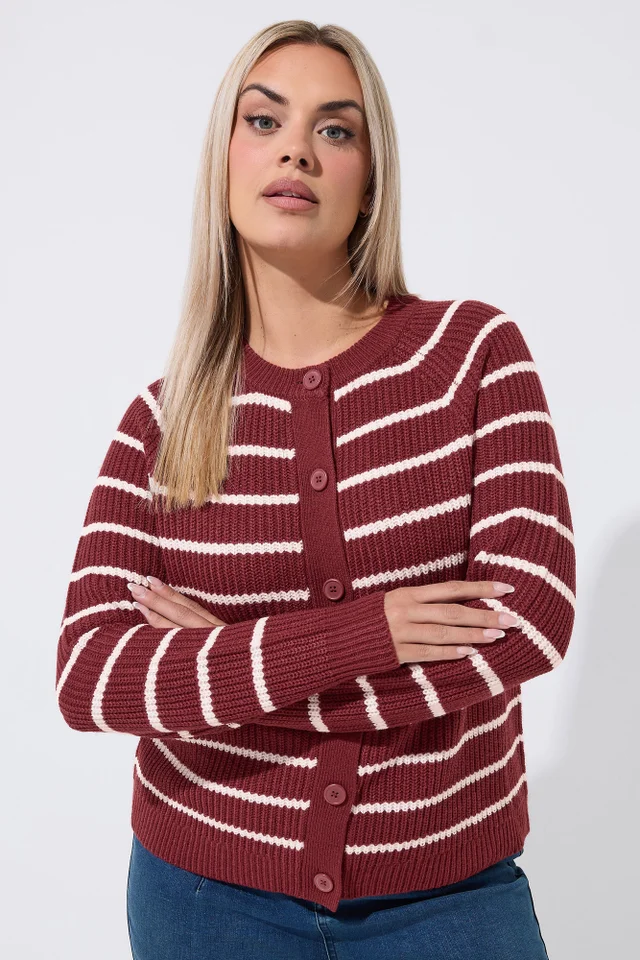 Yours Limited Curve Burgundy Red Stripe Knitted Cardigan