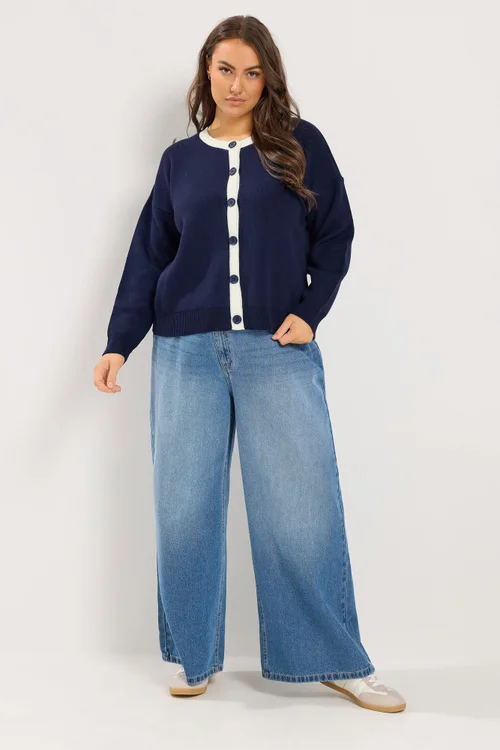 Yours Curve Navy Blue Contrast Knitted Cardigan - 22-24 Image 2