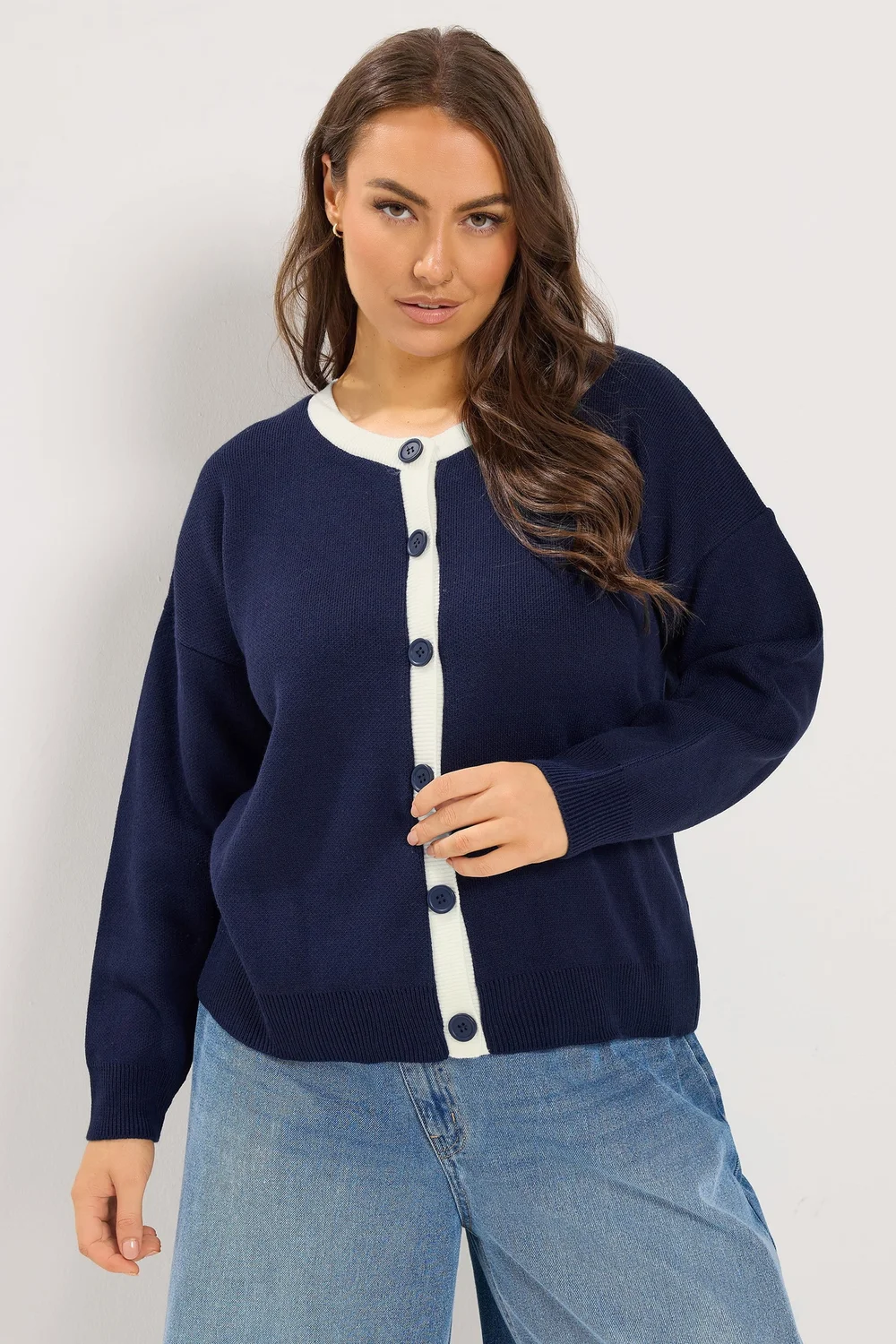 Yours Curve Navy Blue Contrast Knitted Cardigan - 22-24 Image 1