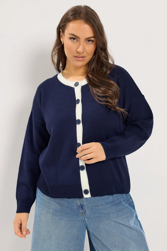 Yours Curve Navy Blue Contrast Knitted Cardigan