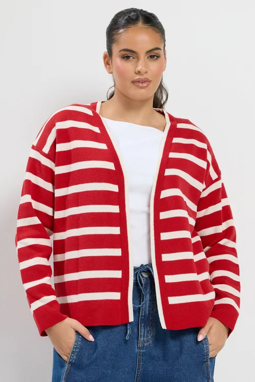 Yours Curve Red & Cream Stripe Cardigan - 14-16 Image 1