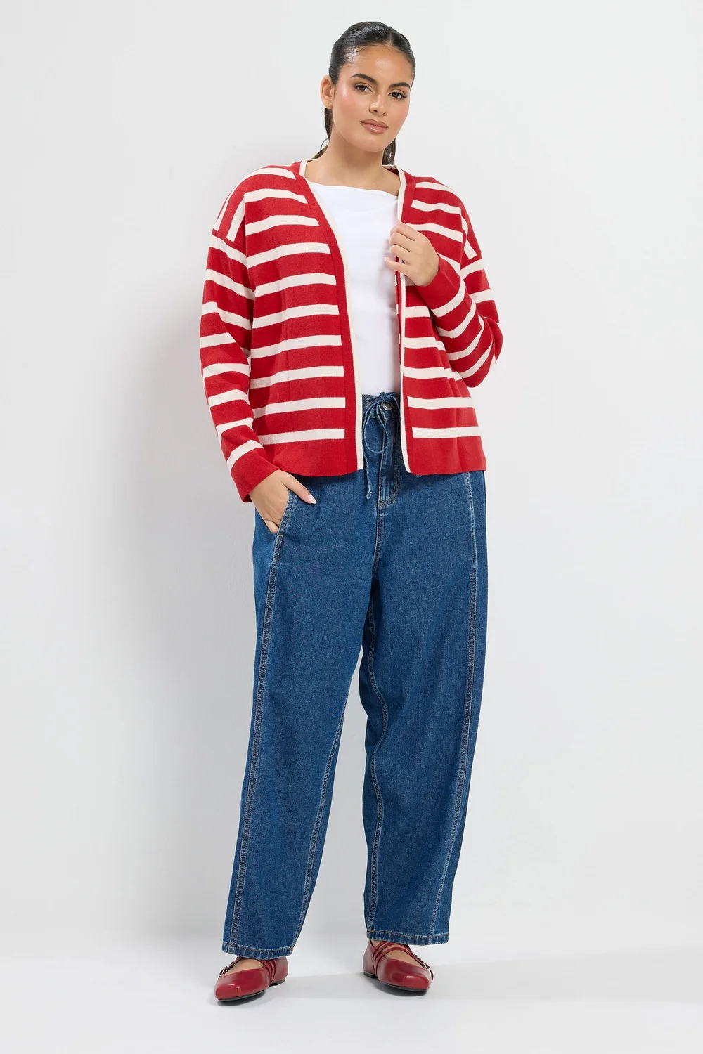 Yours Curve Red & Cream Stripe Cardigan - 14-16 Image 2