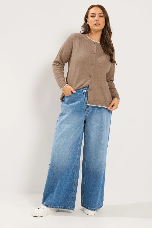 Yours Curve Brown Blanket Stitch Cardigan