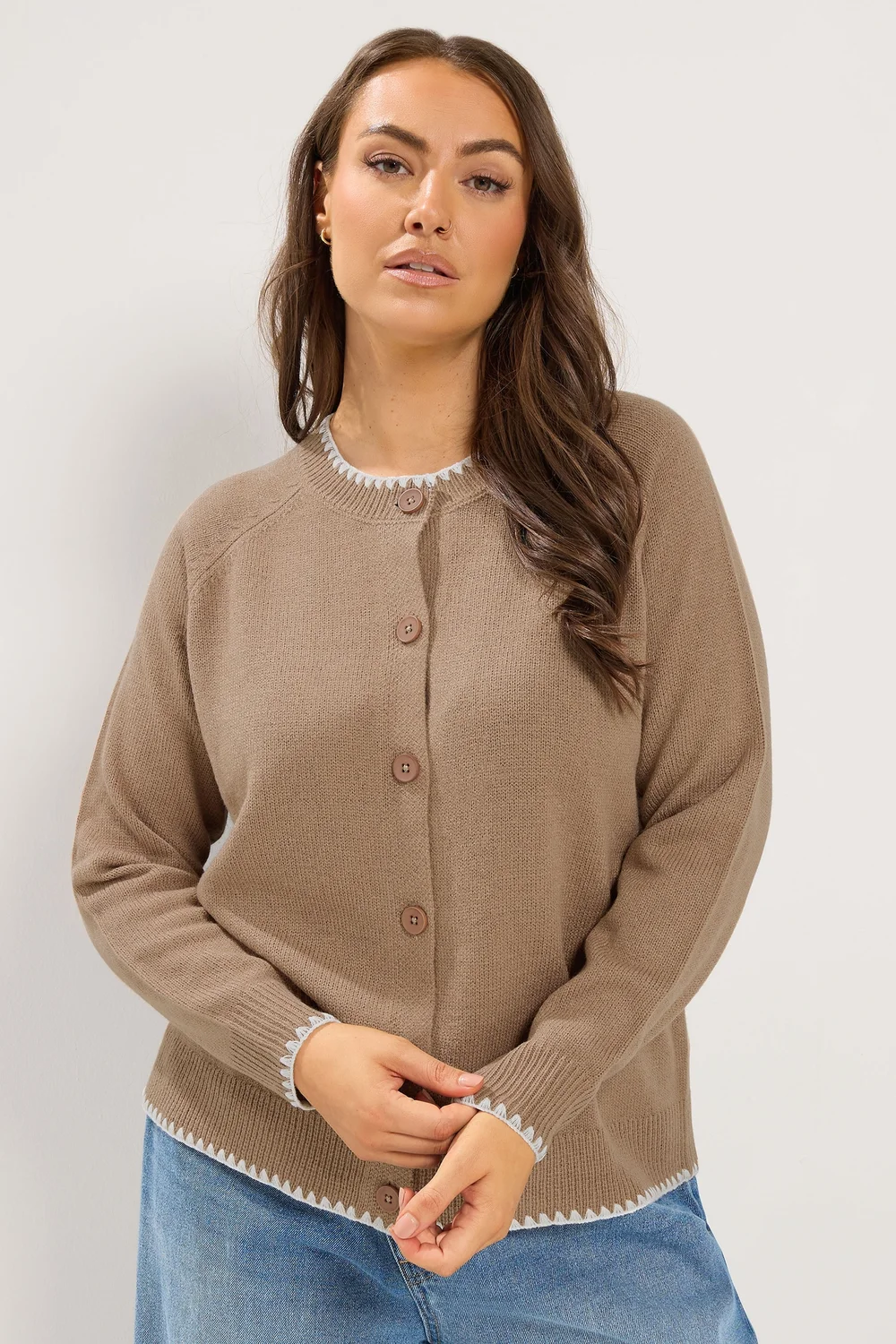 Yours Curve Brown Blanket Stitch Cardigan - 14-16 Image 1