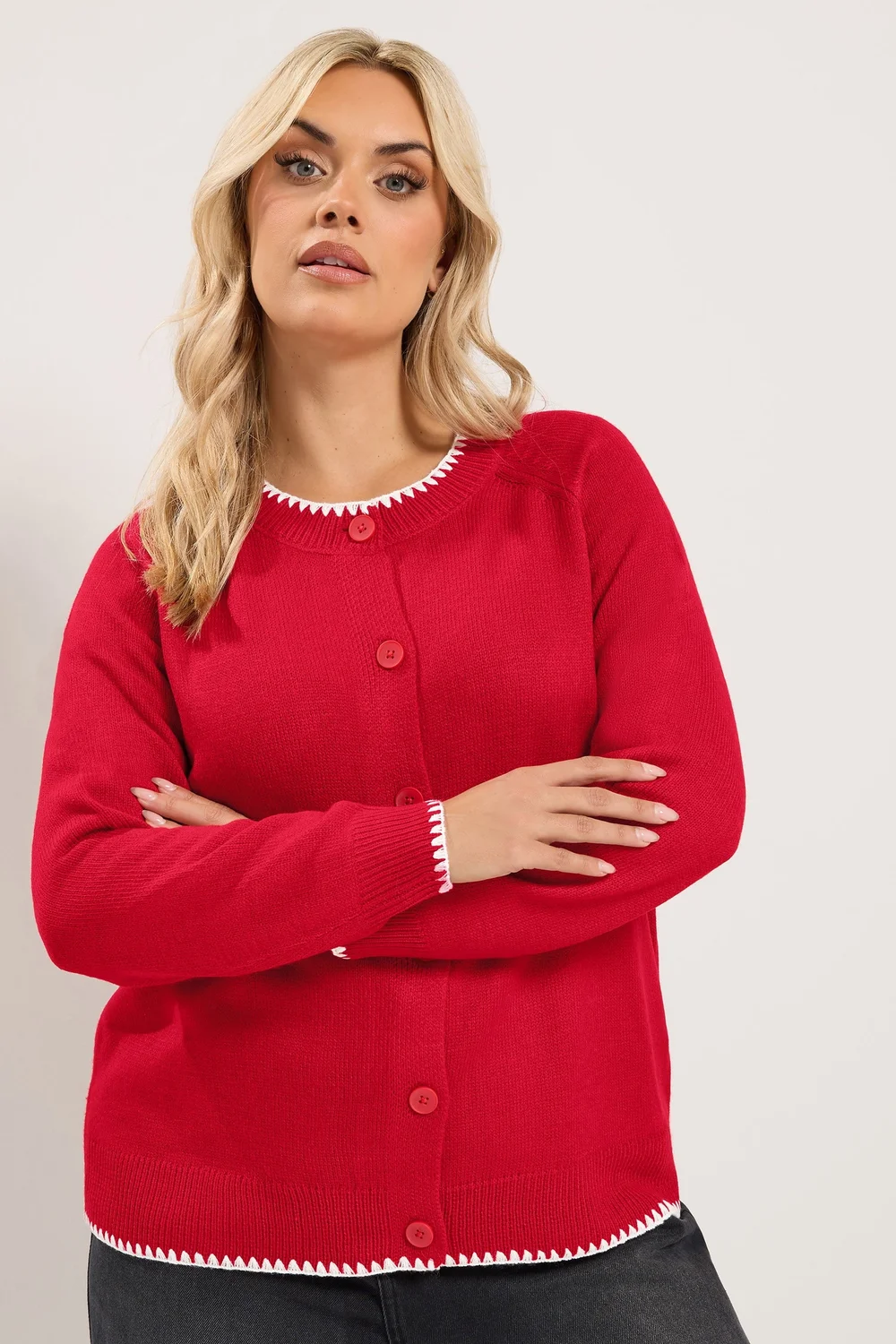 Yours Curve Red Blanket Stitch Cardigan - 14-16 Image 3