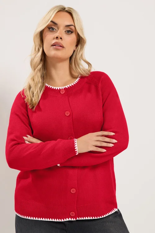 Yours Curve Red Blanket Stitch Cardigan - 14-16 Image 3