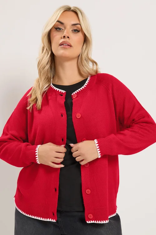 Yours Curve Red Blanket Stitch Cardigan - 14-16 Image 1