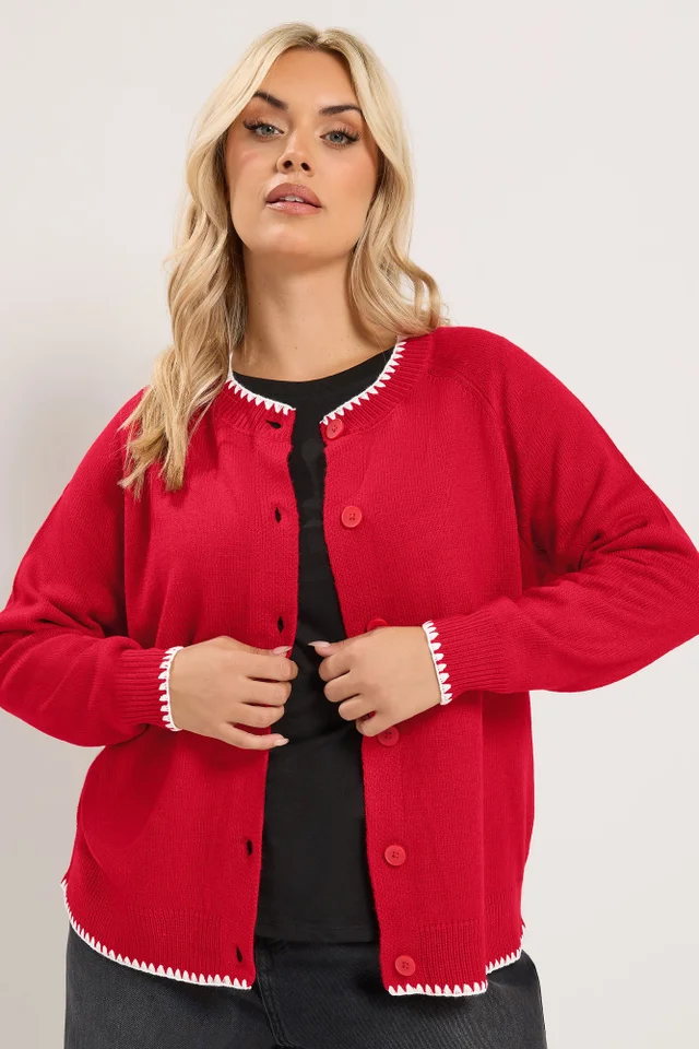 Yours Curve Red Blanket Stitch Cardigan