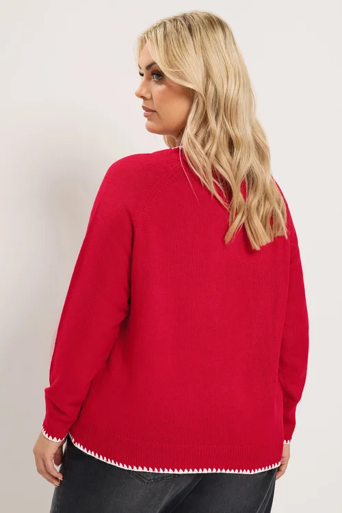 Yours Curve Red Blanket Stitch Cardigan - 14-16 Image 4