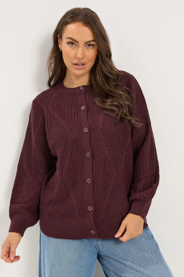 Yours Curve Burgundy Red Pointelle Knit Cardigan