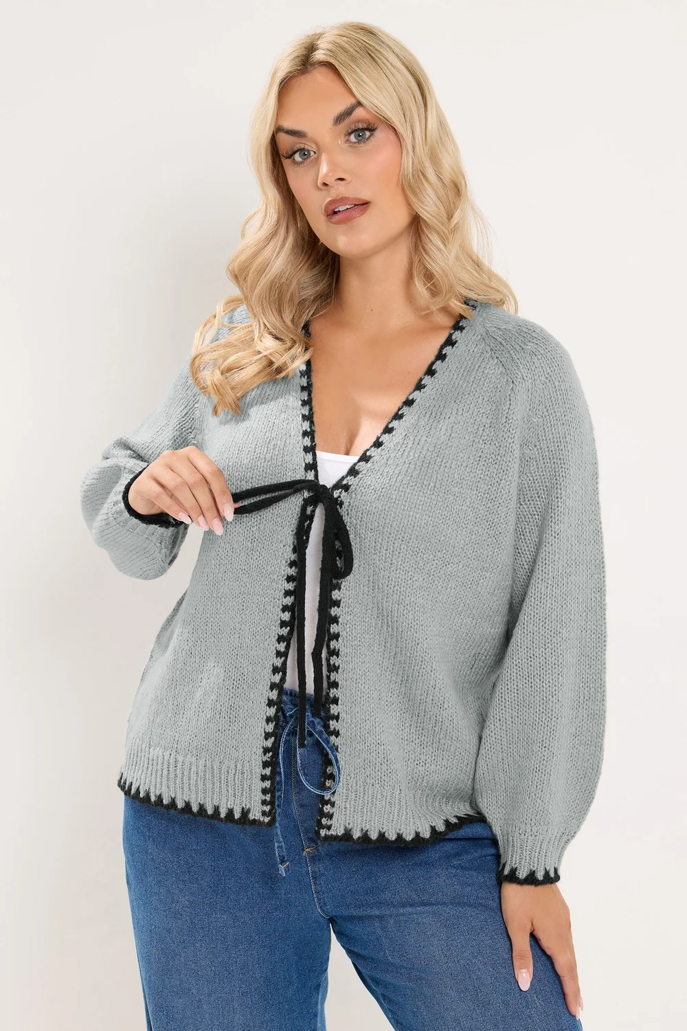 Yours Curve Grey Tie Front Cardigan - 14-16 Image 1