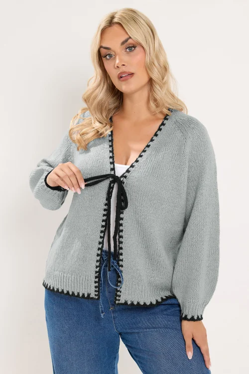 Yours Curve Grey Tie Front Cardigan - 14-16 Image 1