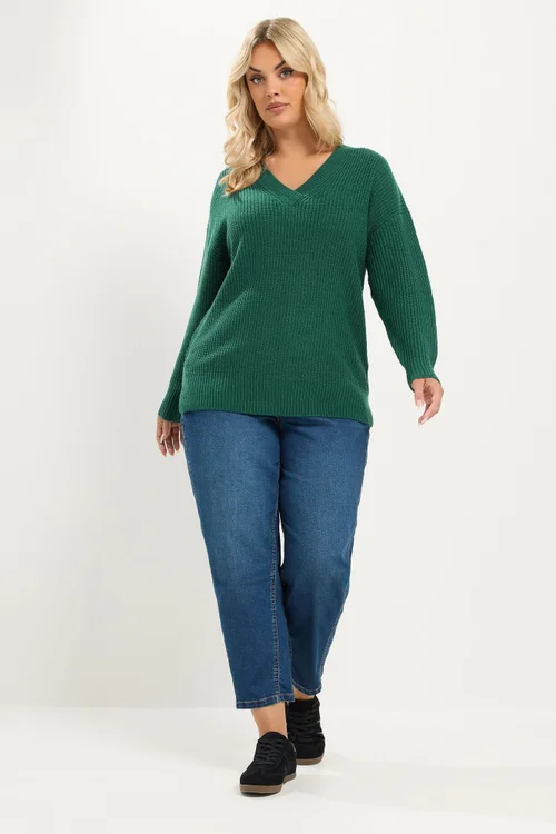 Yours Curve Green Essential V-Neck Jumper - 30-32 Image 2
