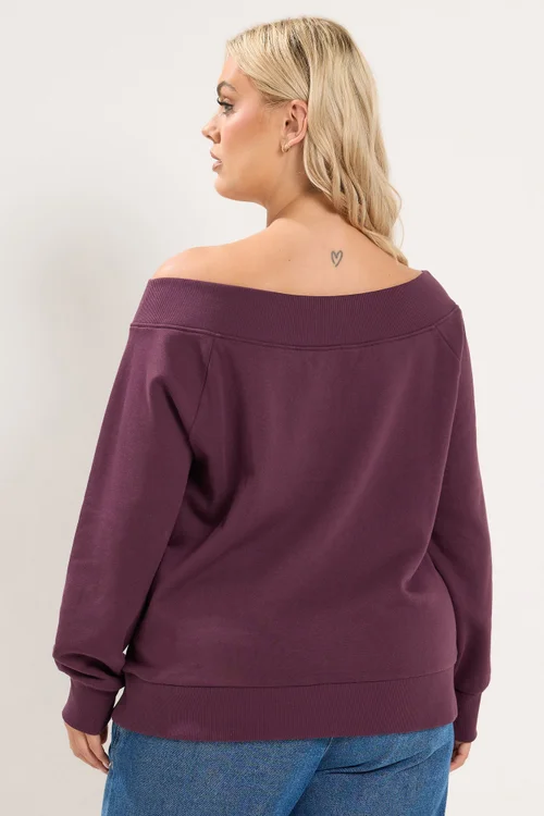 Yours Curve Burgundy Red Ribbed Off Shoulder Sweatshirt - 26-28 Image 3