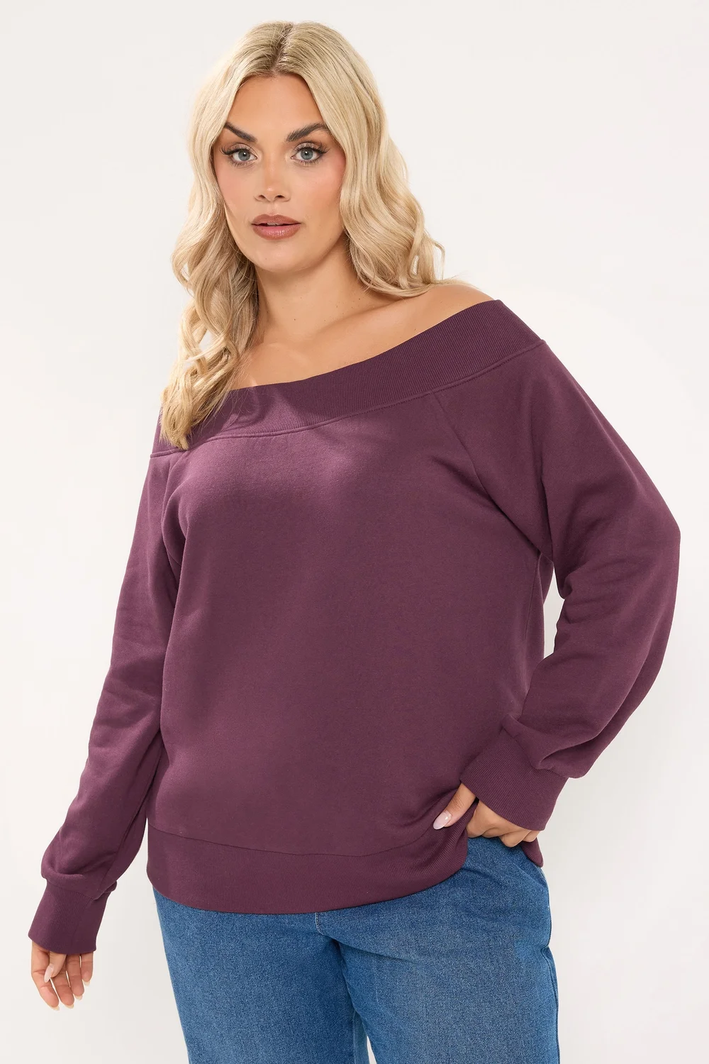 Yours Curve Burgundy Red Ribbed Off Shoulder Sweatshirt - 26-28 Image 1