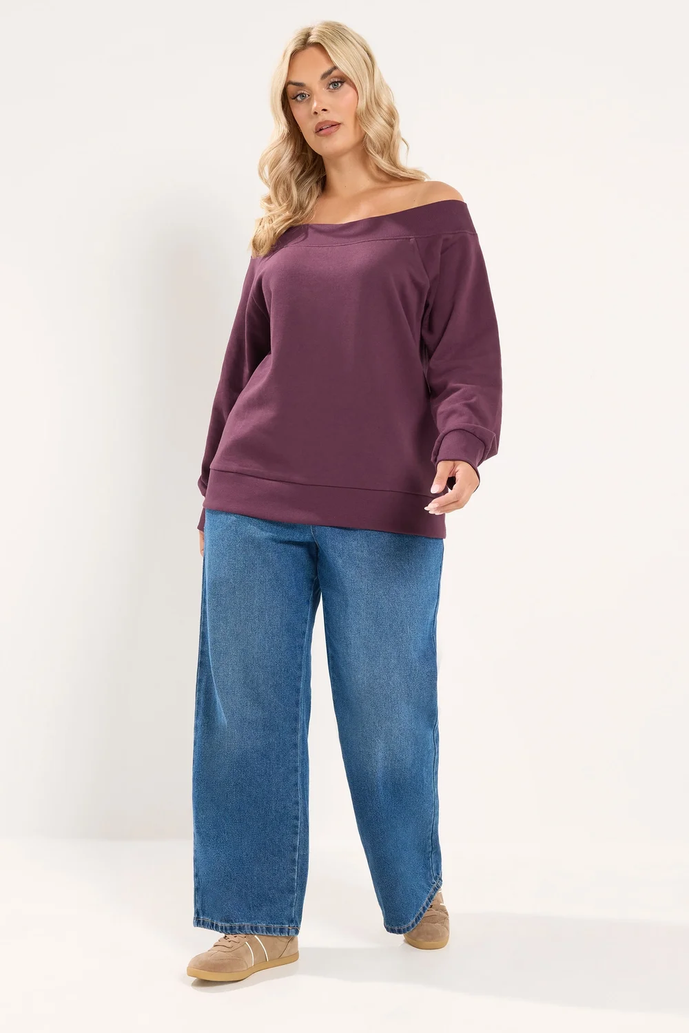 Yours Curve Burgundy Red Ribbed Off Shoulder Sweatshirt - 26-28 Image 2