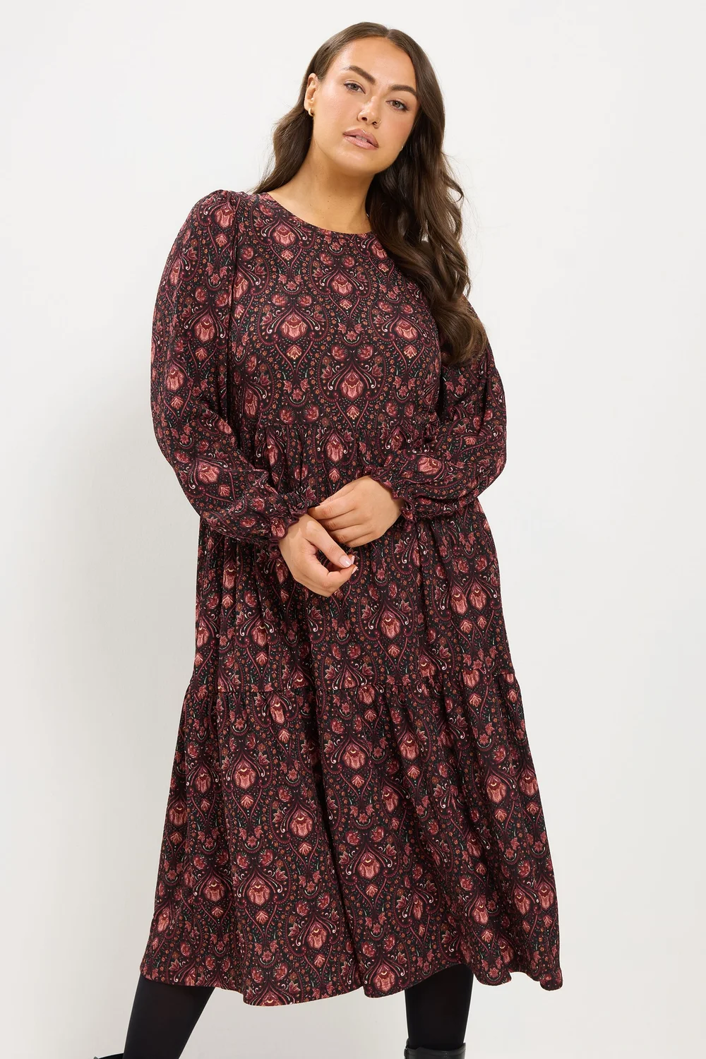 Yours Curve Burgundy Red Paisley Textured Midi Dress - 16 Image 1
