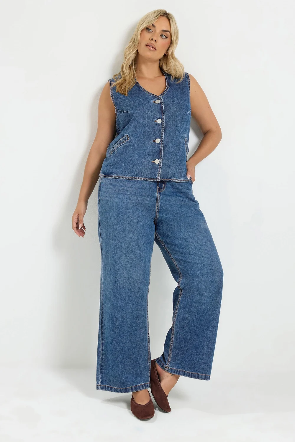 Yours Curve Blue Wide Leg Jeans - 22/L30 Image 5