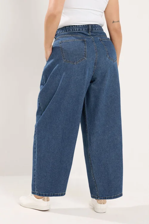Yours Curve Blue Pleated Barrel Jeans - 26 Image 4