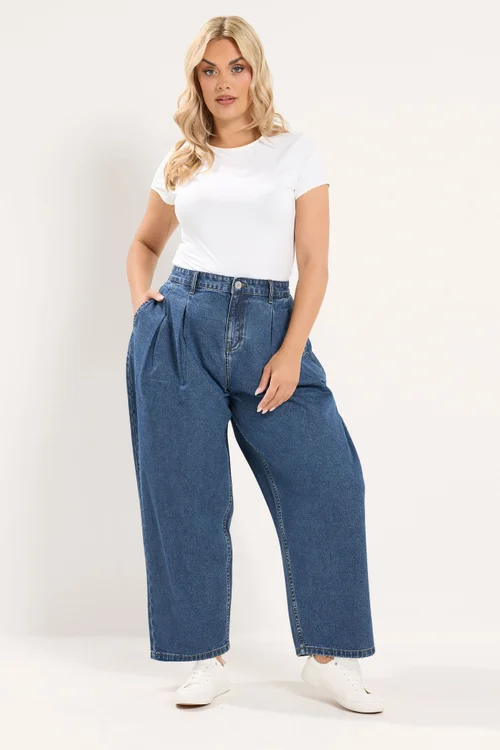 Yours Curve Blue Pleated Barrel Jeans - 26 Image 3