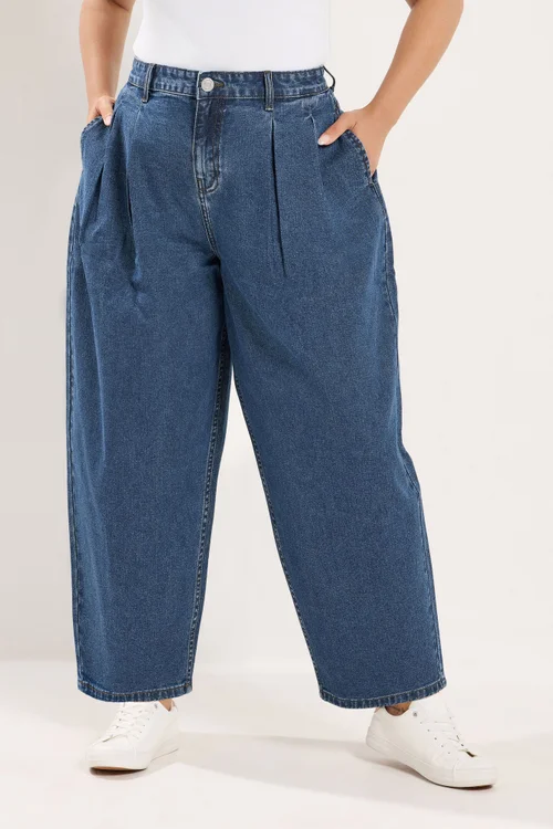 Yours Curve Blue Pleated Barrel Jeans - 26 Image 2