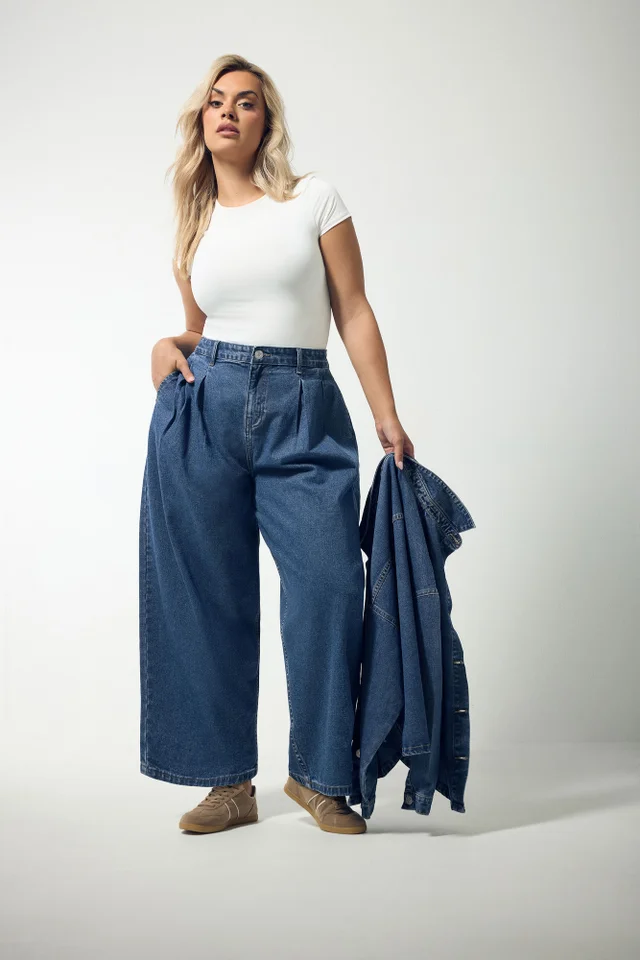Yours Curve Blue Pleated Barrel Jeans