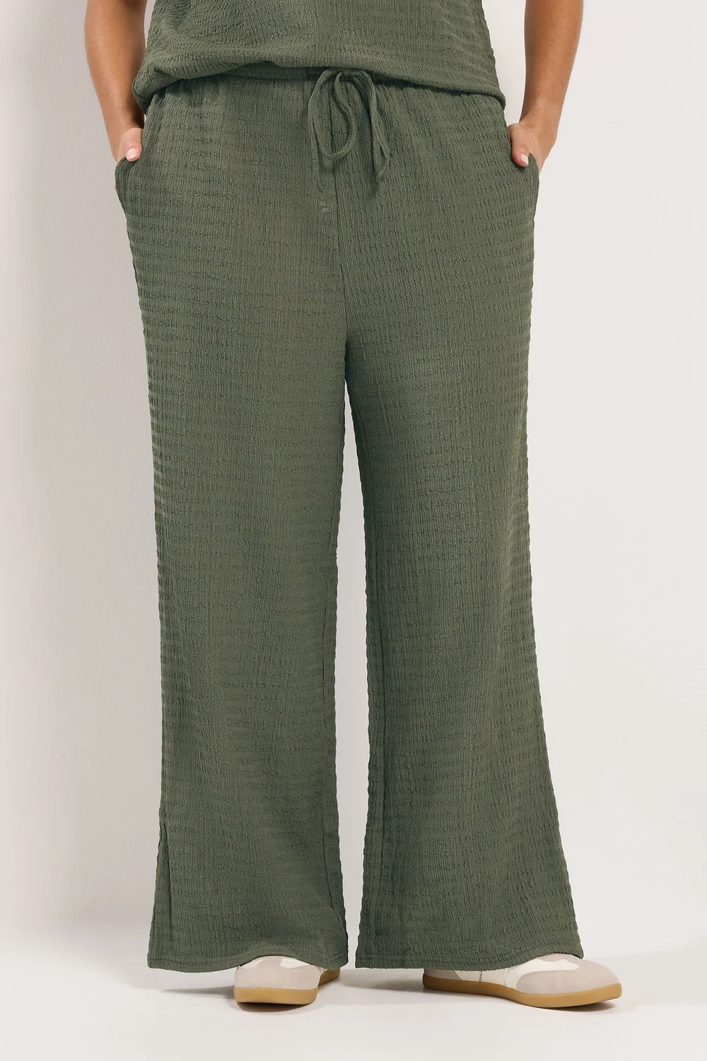 Yours Curve Khaki Green Wide Leg Crinkle Trousers - 22-24/L30 Image 1