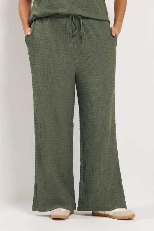 Yours Curve Khaki Green Wide Leg Crinkle Trousers - 22-24/L30 Image 1