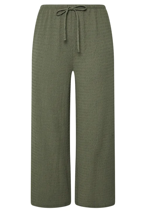 Yours Curve Khaki Green Wide Leg Crinkle Trousers - 22-24/L30 Image 2