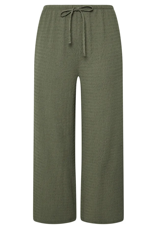 Yours Curve Khaki Green Wide Leg Crinkle Trousers