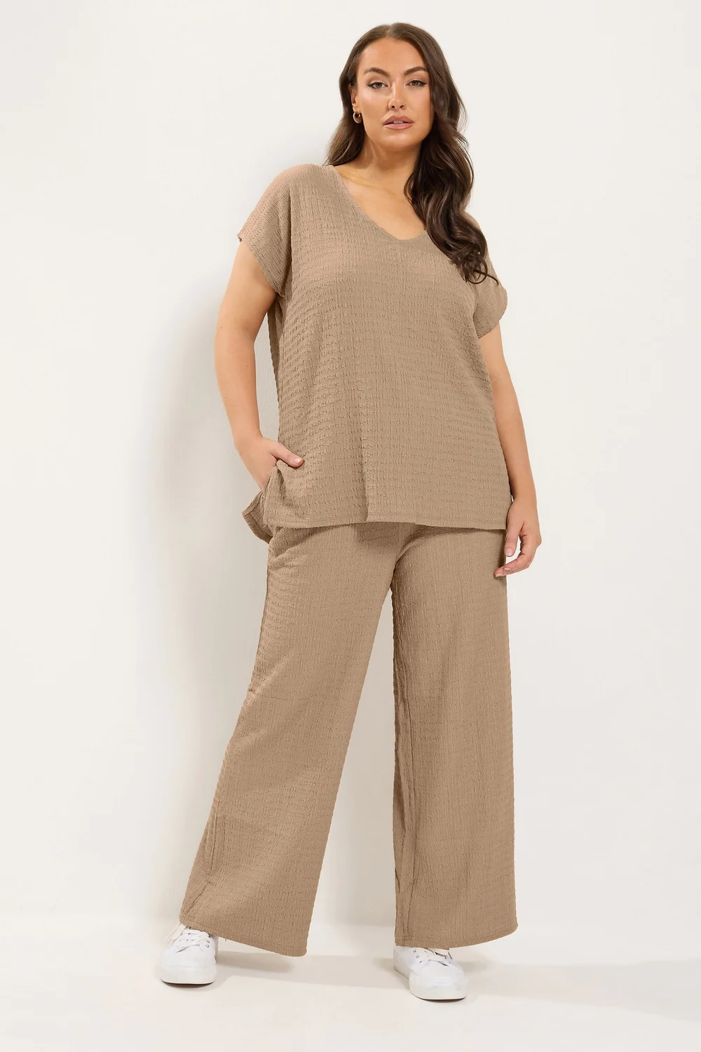 Yours Curve Natural Brown Wide Leg Crinkle Trousers - 18/L30 Image 2