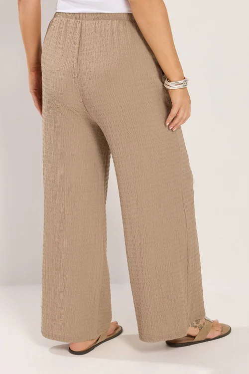 Yours Curve Natural Brown Wide Leg Crinkle Trousers - 18/L30 Image 3