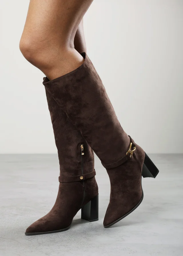 Where's That From Winona Dark Brown Knot Trim Detail Knee High Boots