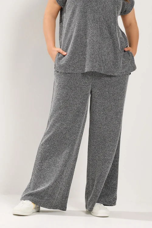 Yours Curve Grey Textured Knit Wide Leg Trousers - 16/L28 Image 1