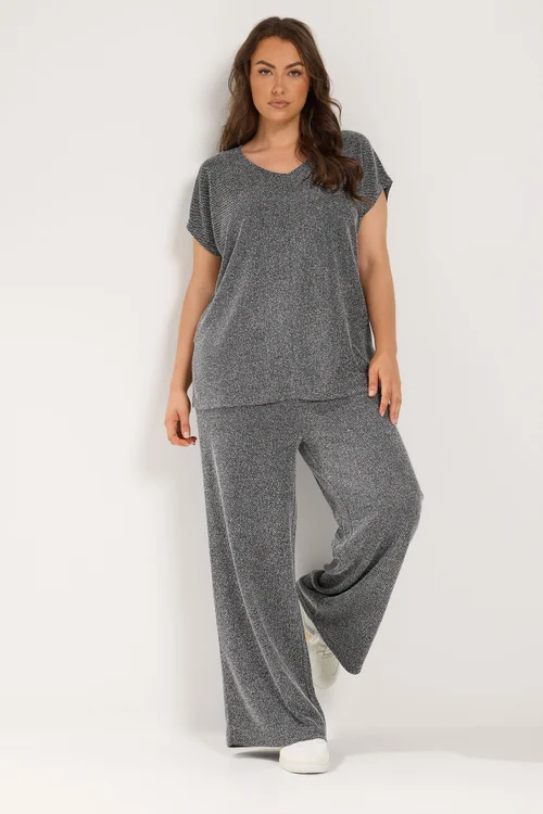Yours Curve Grey Textured Knit Wide Leg Trousers - 16/L28 Image 2