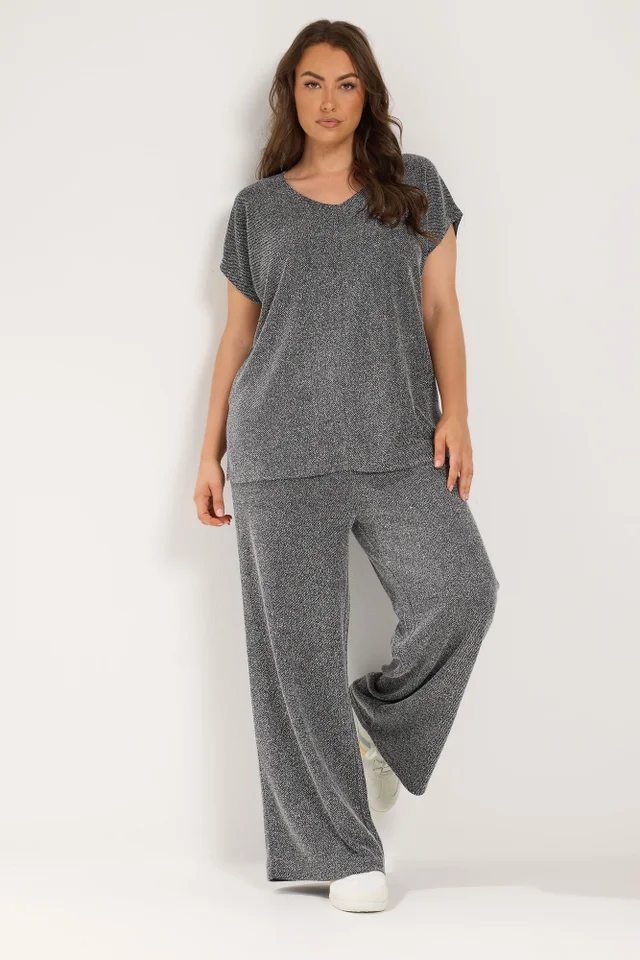 Yours Curve Grey Textured Knit Wide Leg Trousers