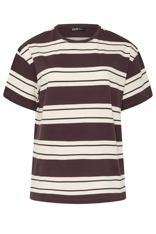 Yours Curve Chocolate Brown Striped Tee - 20 Image 2