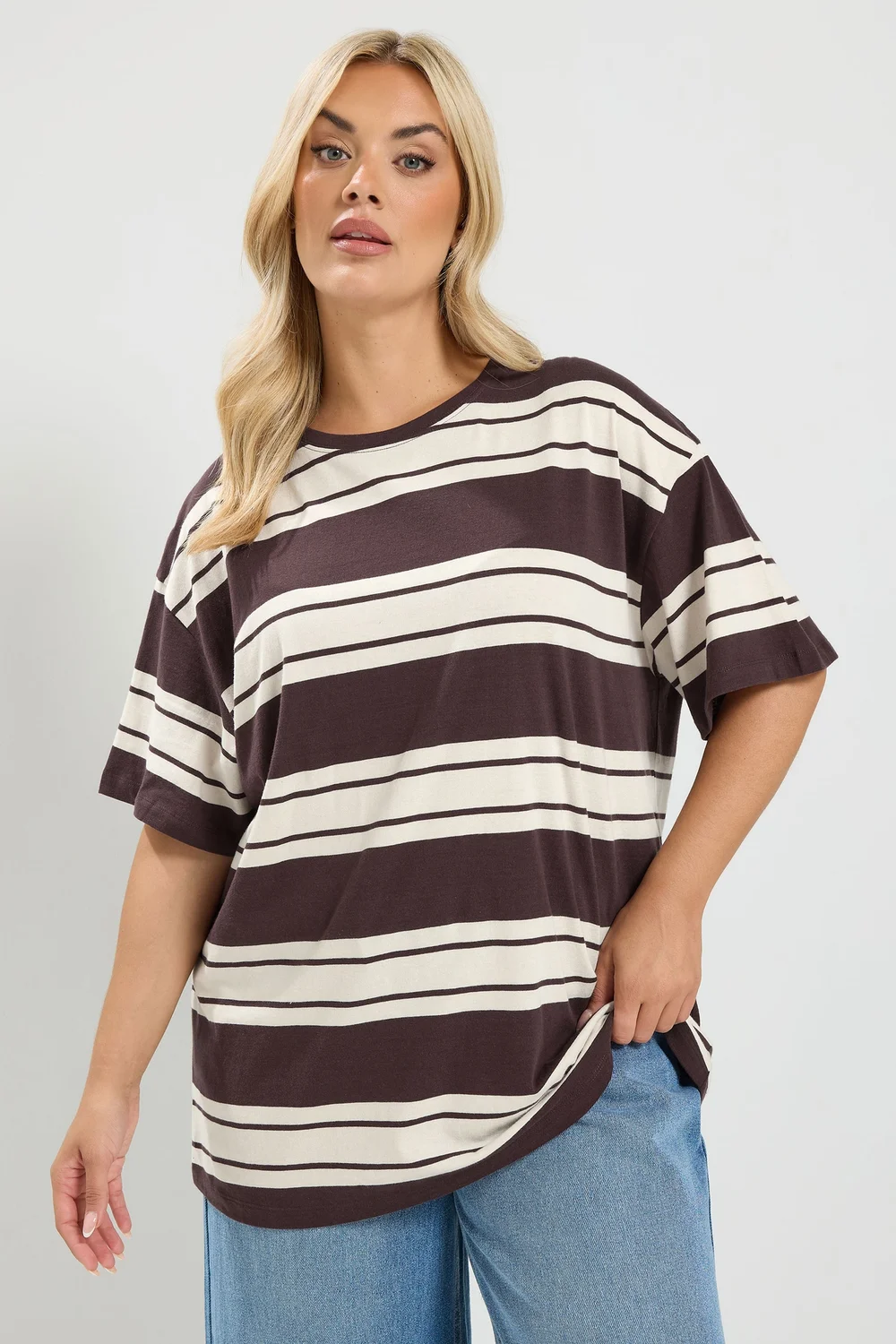 Yours Curve Chocolate Brown Striped Tee - 20 Image 4