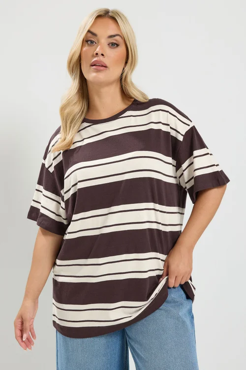Yours Curve Chocolate Brown Striped Tee - 20 Image 4