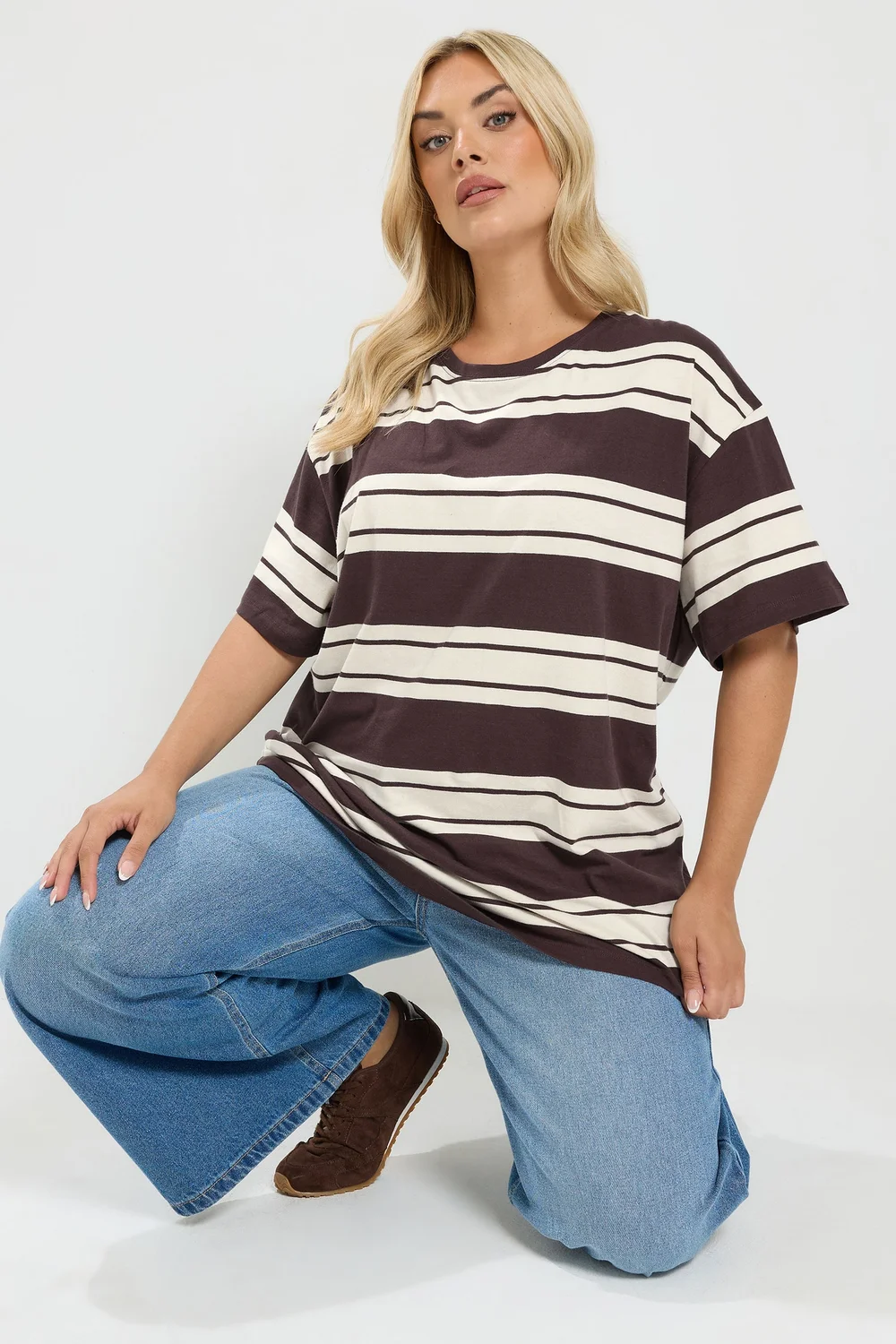 Yours Curve Chocolate Brown Striped Tee - 20 Image 3