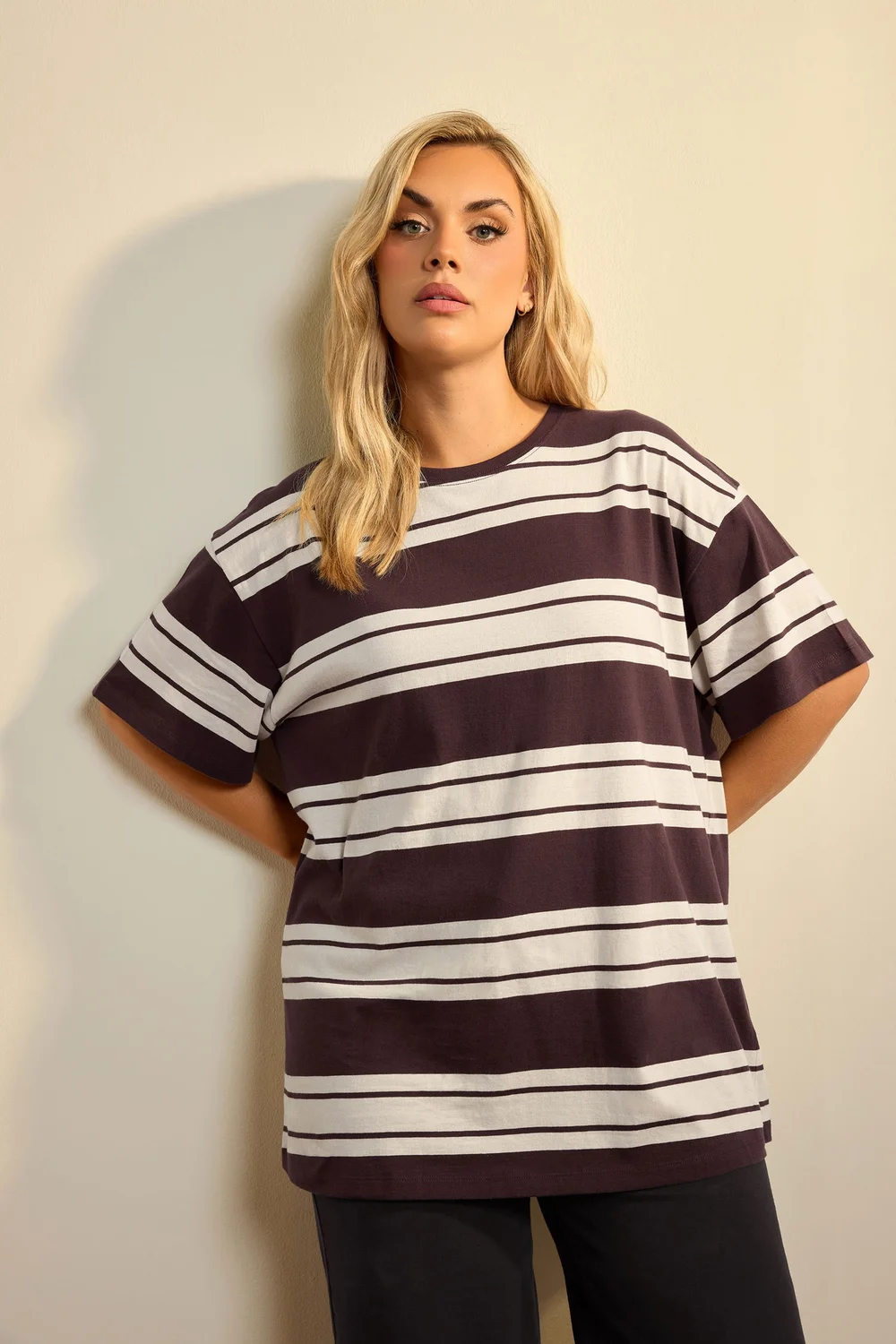 Yours Curve Chocolate Brown Striped Tee - 20 Image 1