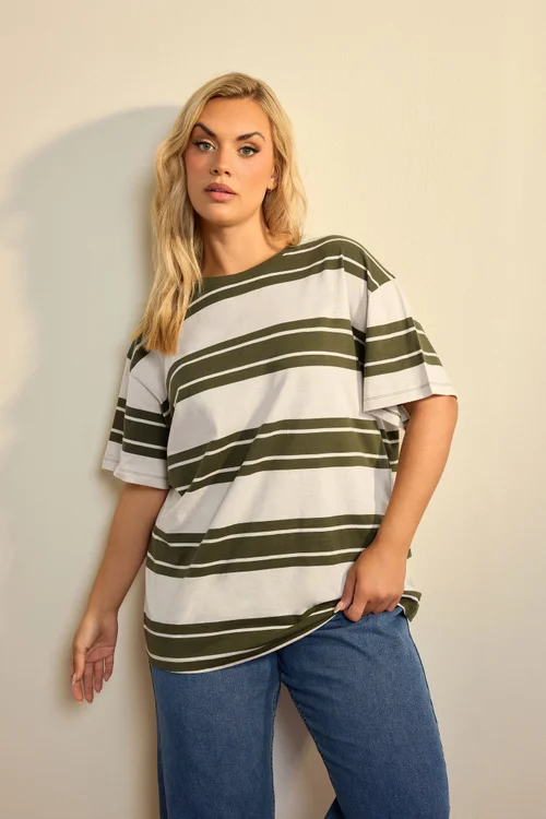 Yours Curve Khaki Green Striped Tee - 14 Image 1