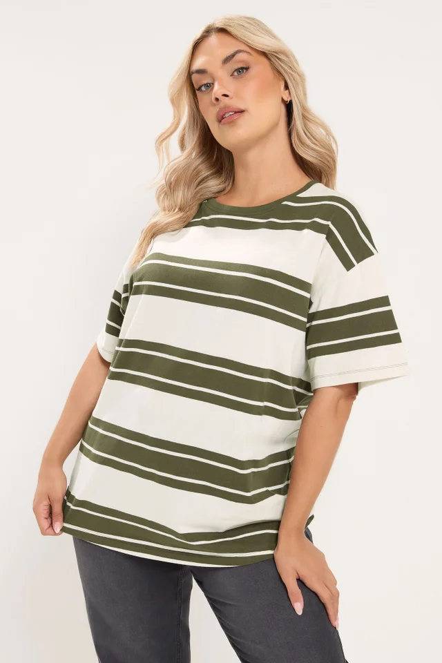 Yours Curve Khaki Green Striped Tee