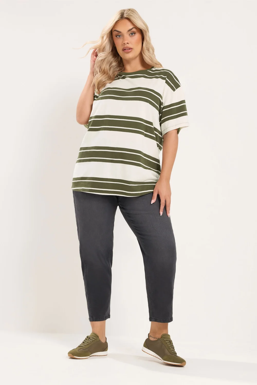 Yours Curve Khaki Green Striped Tee - 14 Image 3