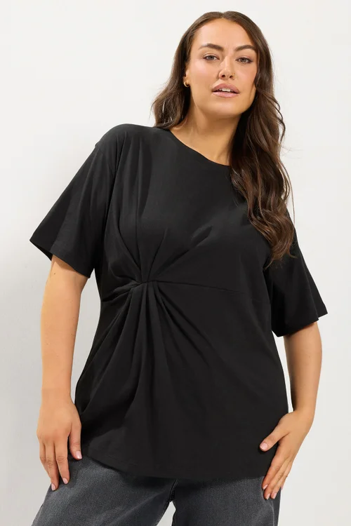 Yours Curve Black Twist Front T-Shirt - 30-32 Image 1