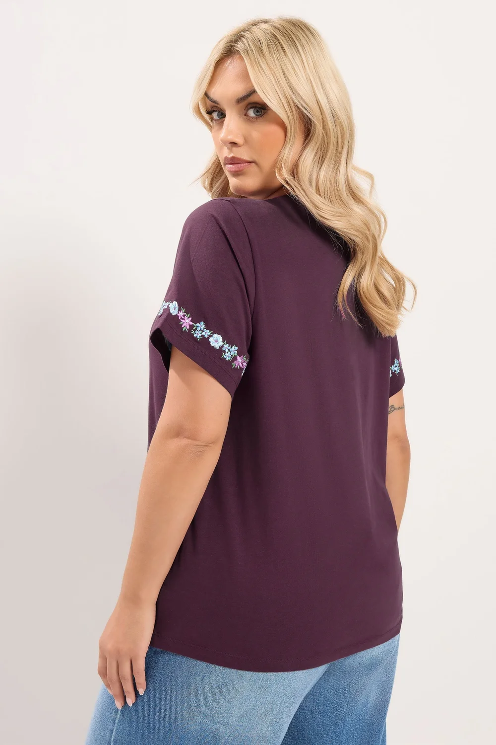 Yours Curve Purple Embroidered Floral Sleeve Detail T-Shirt - 12 Image 3