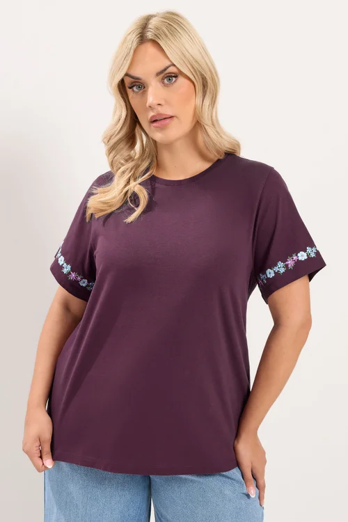 Yours Curve Purple Embroidered Floral Sleeve Detail T-Shirt - 12 Image 1