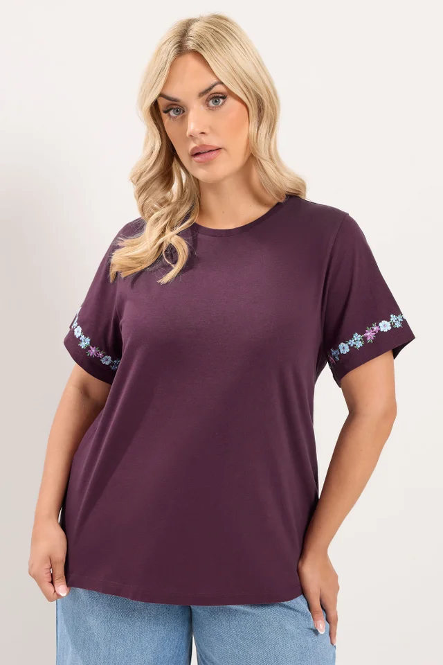 Yours Curve Purple Embroidered Floral Sleeve Detail T-Shirt